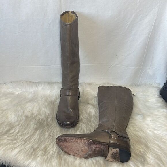 Frye Boots Phillip Grey Textured Leather Harness Tall Boots Sz - Picture 1 of 6